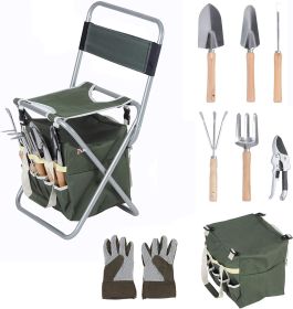 Bosonshop 9 PCS Garden Tools Set Ergonomic Wooden Handle Sturdy Stool with Detachable Tool Kit Perfect for Different Kinds of Gardening