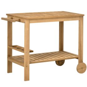 Outsunny Outdoor Bar Cart, Wood Rolling Home Bar & Serving Cart with 2 Shelves, Wine Bottle Holders for Garden, Dining Room, Natural