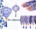 Chinese Style Cloth Lantern Traditional blue-and-white Porcelain Pattern Home Garden Hanging Decorative Lampshade 14"