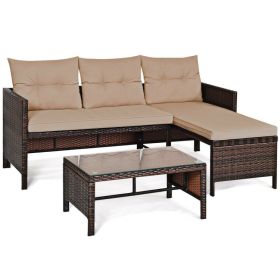 3 Pieces Outdoor Patio Corner Rattan Sofa Set (Color: Beige)